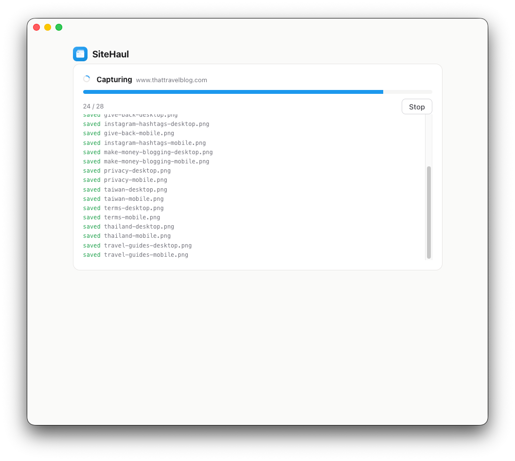 SiteHaul capturing a site with a live log of saved desktop and mobile screenshots