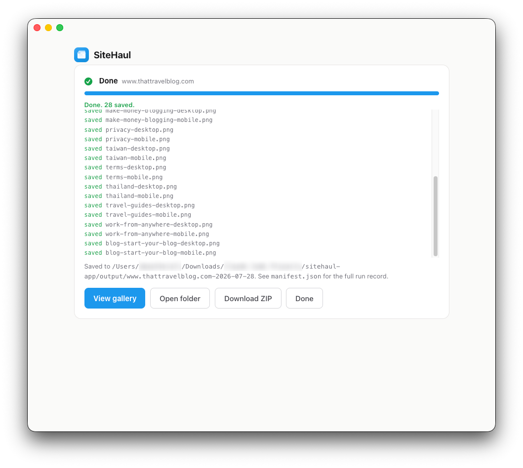 SiteHaul finish screen after a run, listing 28 saved screenshots and the local folder they went to