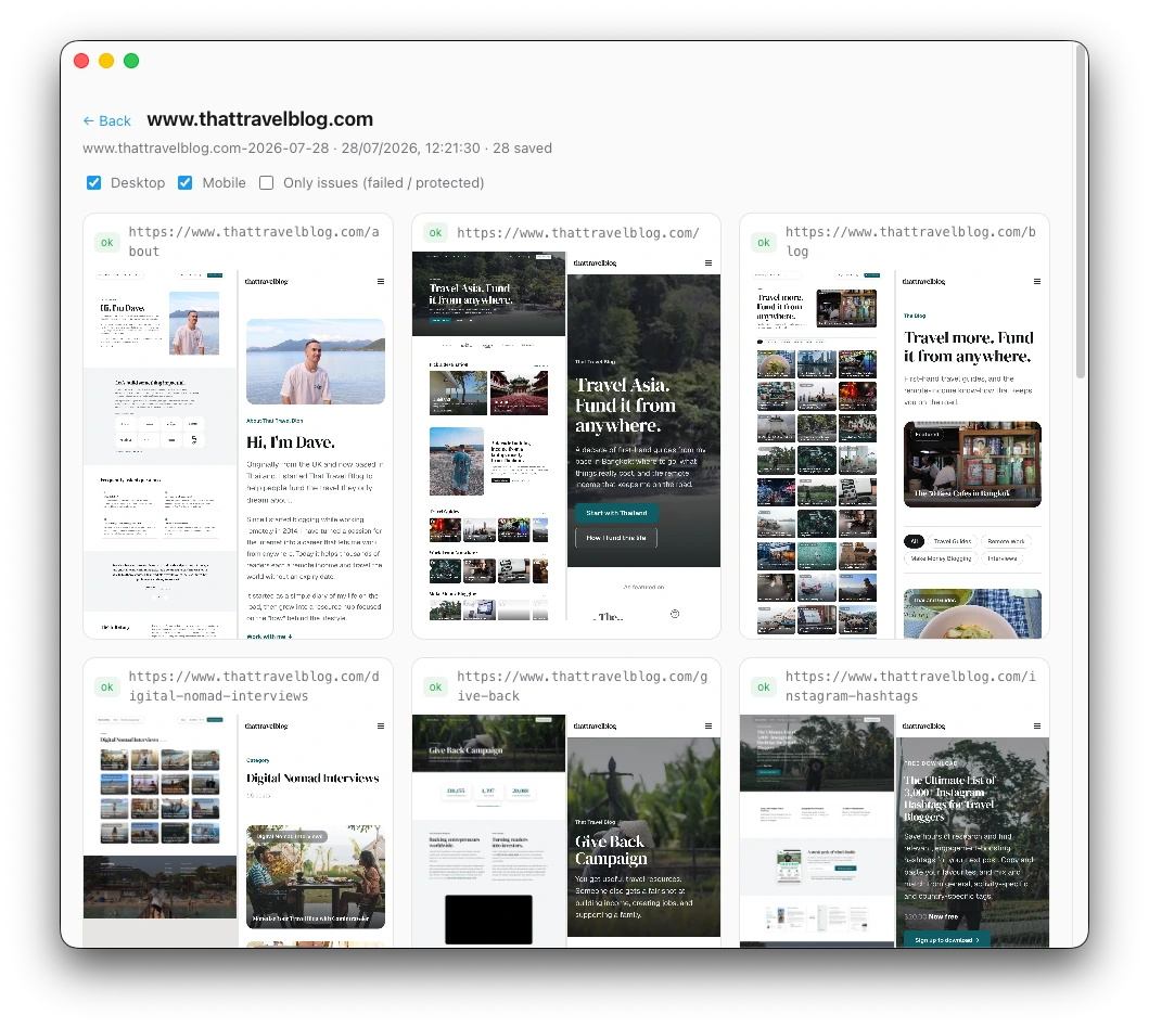 SiteHaul gallery view: desktop and mobile captures of every page side by side